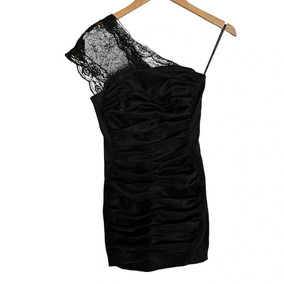 Vintage Jessica McClintock sz 8 One Shoulder Lace Cocktail Dress Ruched Stretch - Picture 7 of 16